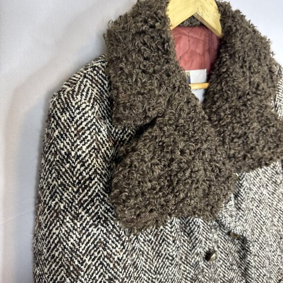 Vintage Marielle Fleury Wool Tweed Coat Faux Shearling Trim Belted Women 12 60s - Picture 3 of 9